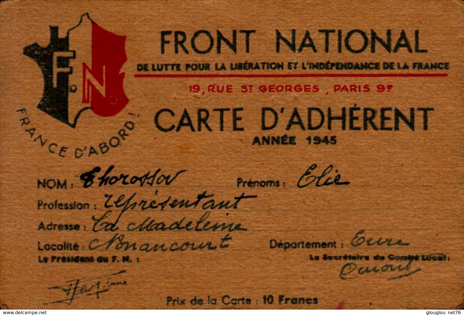 CARTE D'ADHERENT  FRONT NATIONAL  1945 - Autres & Non Classés