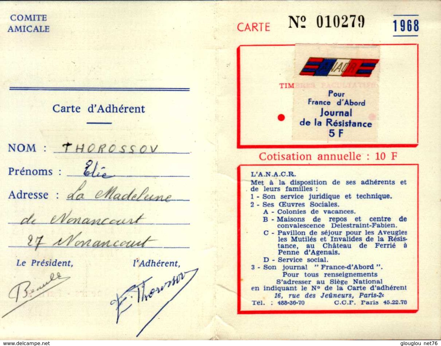 ASSOCIATION NATIONALE DES ANCIENS COMBATTANTS DE LA RESISTANCE  CARTE D'ADHERENT  1968 - Autres & Non Classés