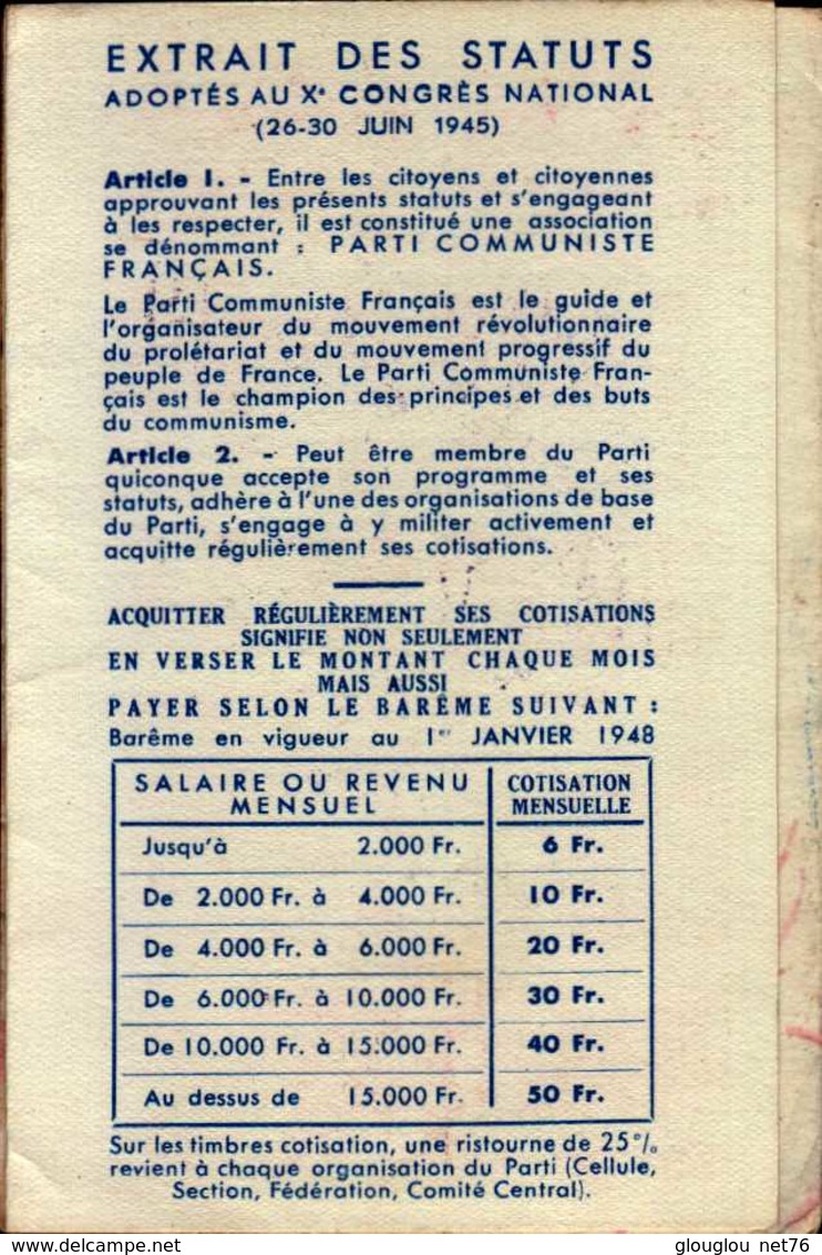 PARTI COMMUNISTE FRANCAIS  1948..CARTE D'ADHERENT - Autres & Non Classés