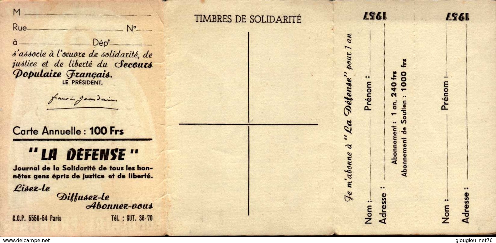 SECOURS POPULAIRE FRANCAIS...1957...CARTE ANNUELLE :100F - Autres & Non Classés