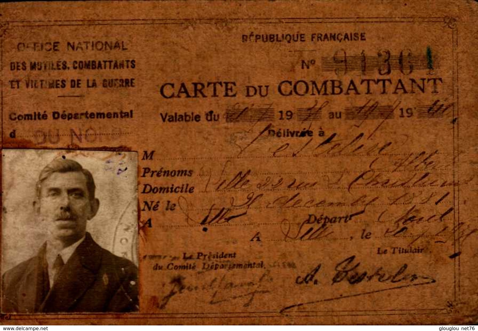 ORDRE NATIONAL DES MUTILES COMBATTANTS ET VICTIME DE LA GUERRE..CARTE DE COMBATTANT - Autres & Non Classés