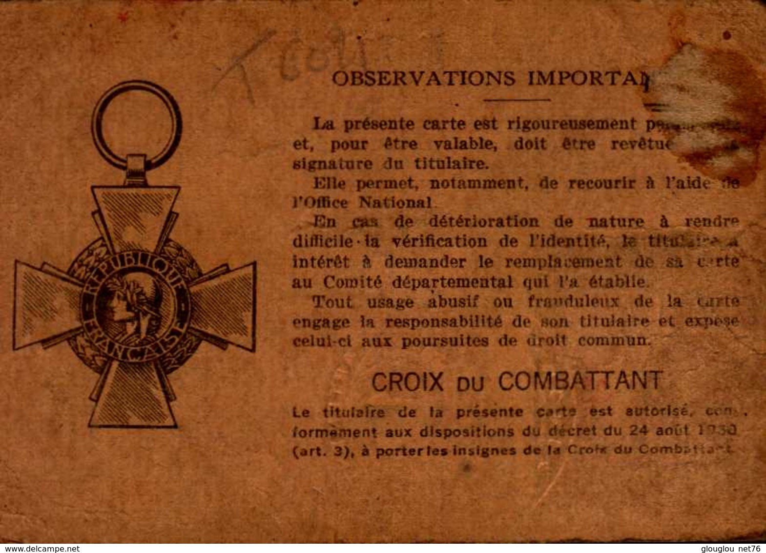 ORDRE NATIONAL DES MUTILES COMBATTANTS ET VICTIME DE LA GUERRE..CARTE DE COMBATTANT - Autres & Non Classés