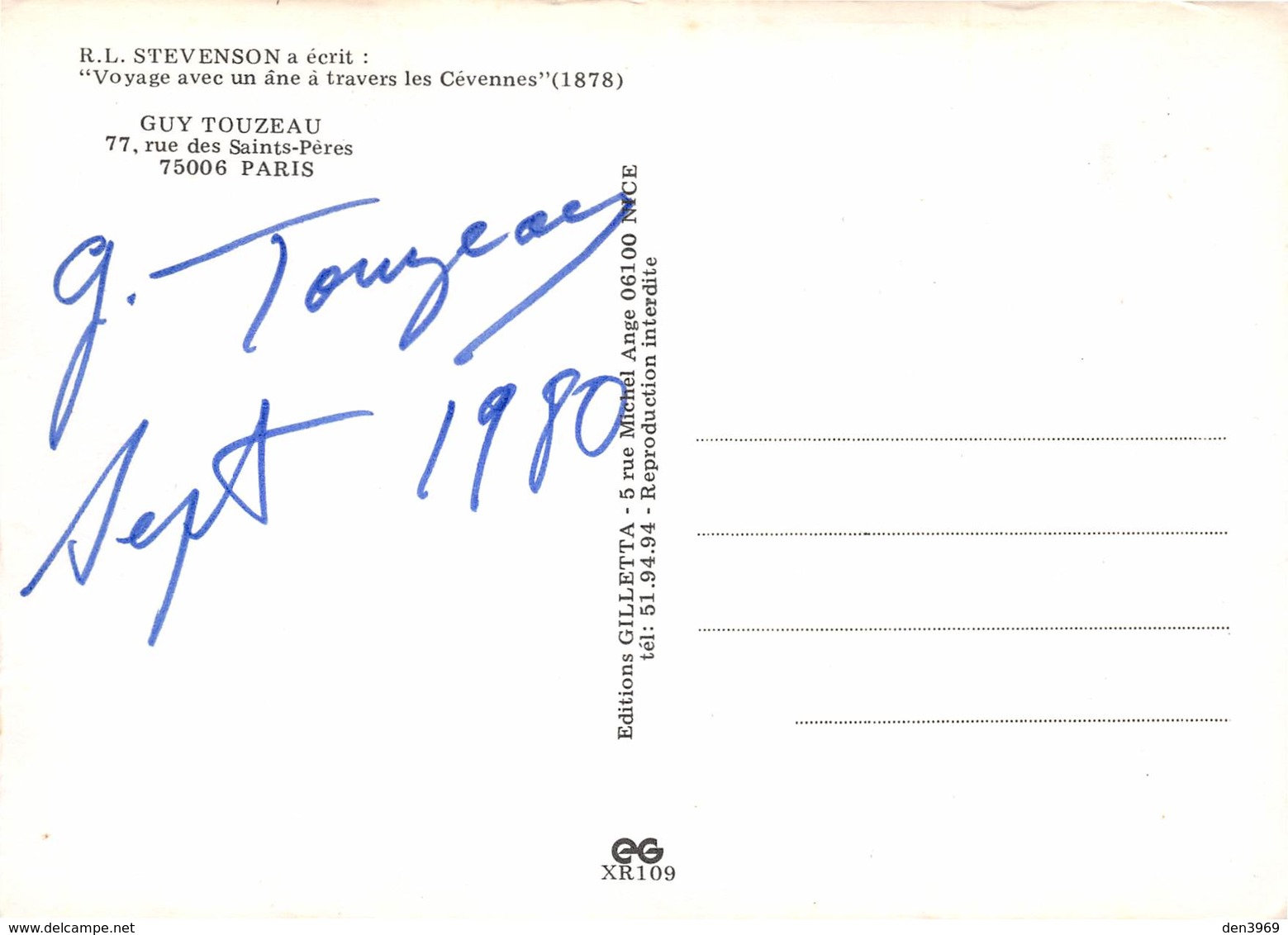 L'Ane Mademoiselle Rose Et Guy Touzeau - Marcheur - Fontaine - R.L. Stevenson - Cévennes - Dédicacé - Autographe - Autres & Non Classés