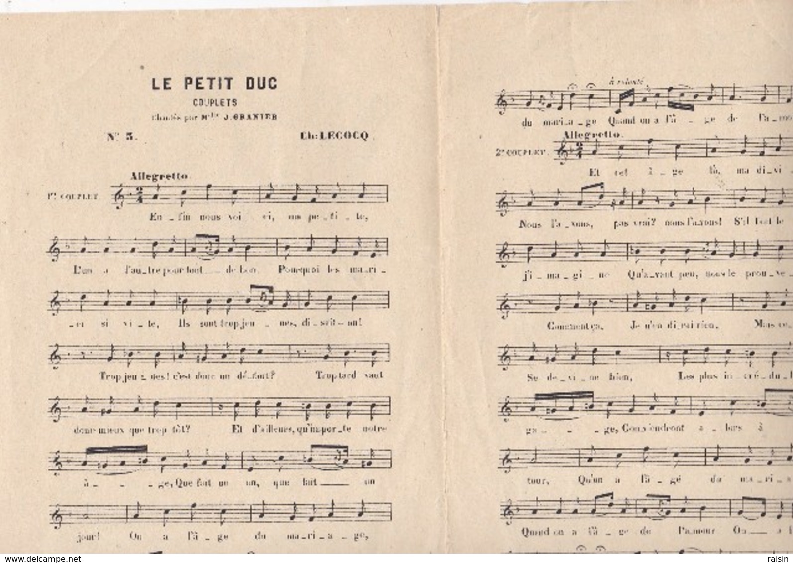 Le Petit Duc  N°3 Couplets ( Opéra Comique 3 Actes) Paroles Henri Meilhac & Ludovic Halevy Musique Charles Lecocq TBE - Partitions Musicales Anciennes