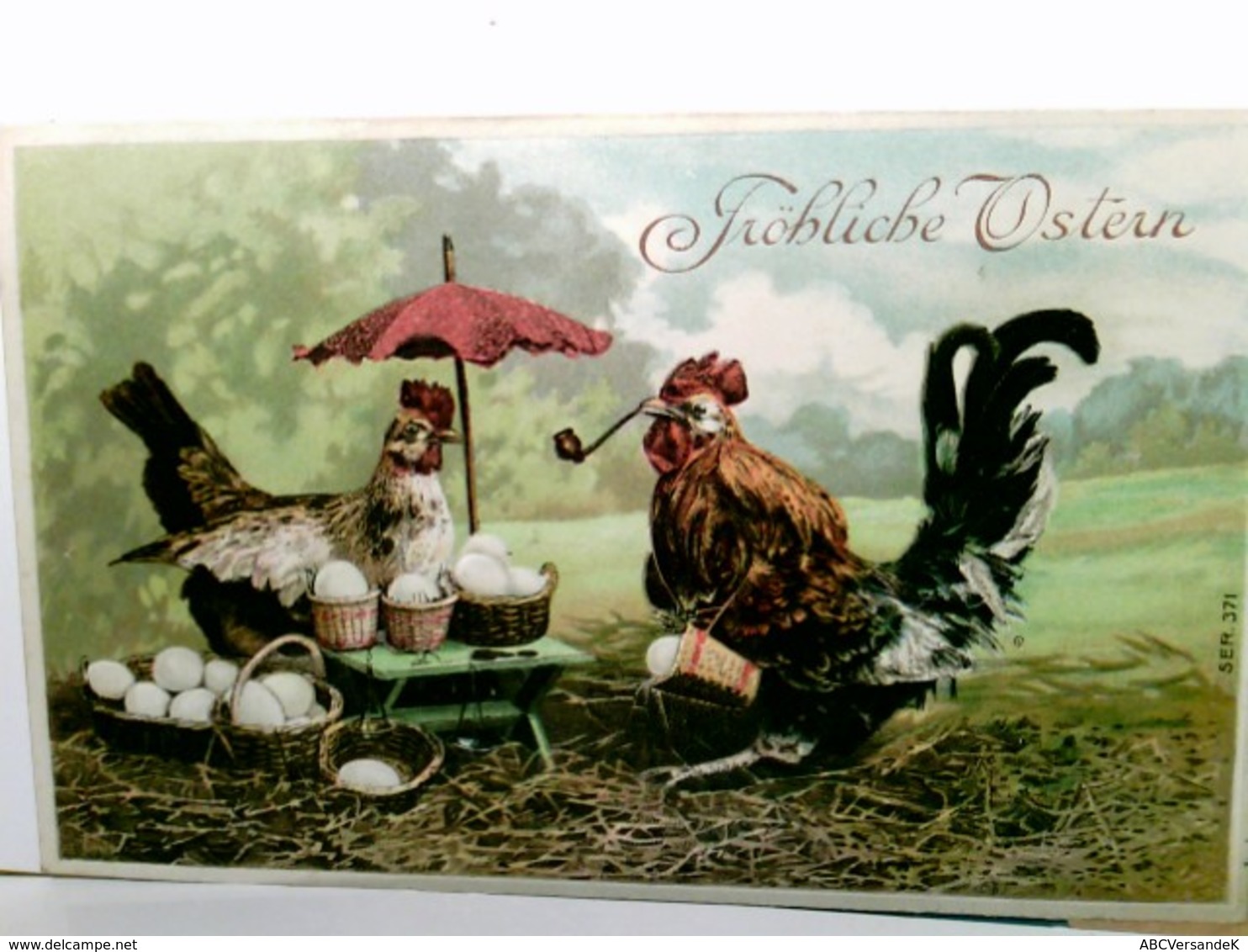 Fröhliche Ostern. Alte Präge - AK Farbig. Hahn Mit Pfeife, Henne Mit Schirm, Körbr Mit Eiern, Gel. 1908 - Sonstige & Ohne Zuordnung