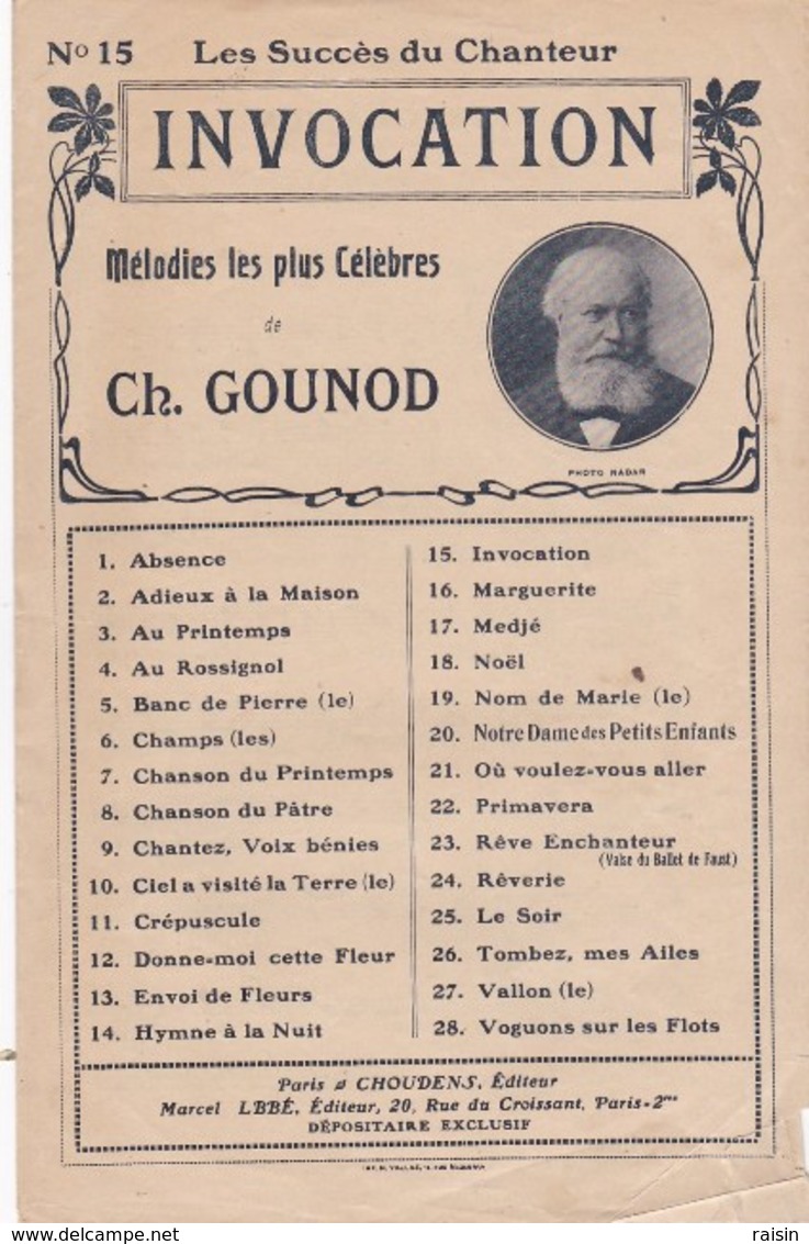 Les Succès Du Chanteur N°15  INVOCATION De FAUST  Ed. Choudens Marcel L'Abbé  Paroles O.Pradère  Ch.Gounod - Partitions Musicales Anciennes