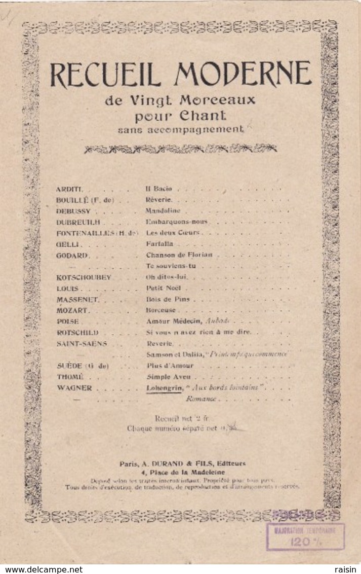 Recueil Moderne LOHENGRIN "Aux Bords Lointains" Romance  Richard Wagner  Ed. A.Durand & Fils  BE - Partitions Musicales Anciennes