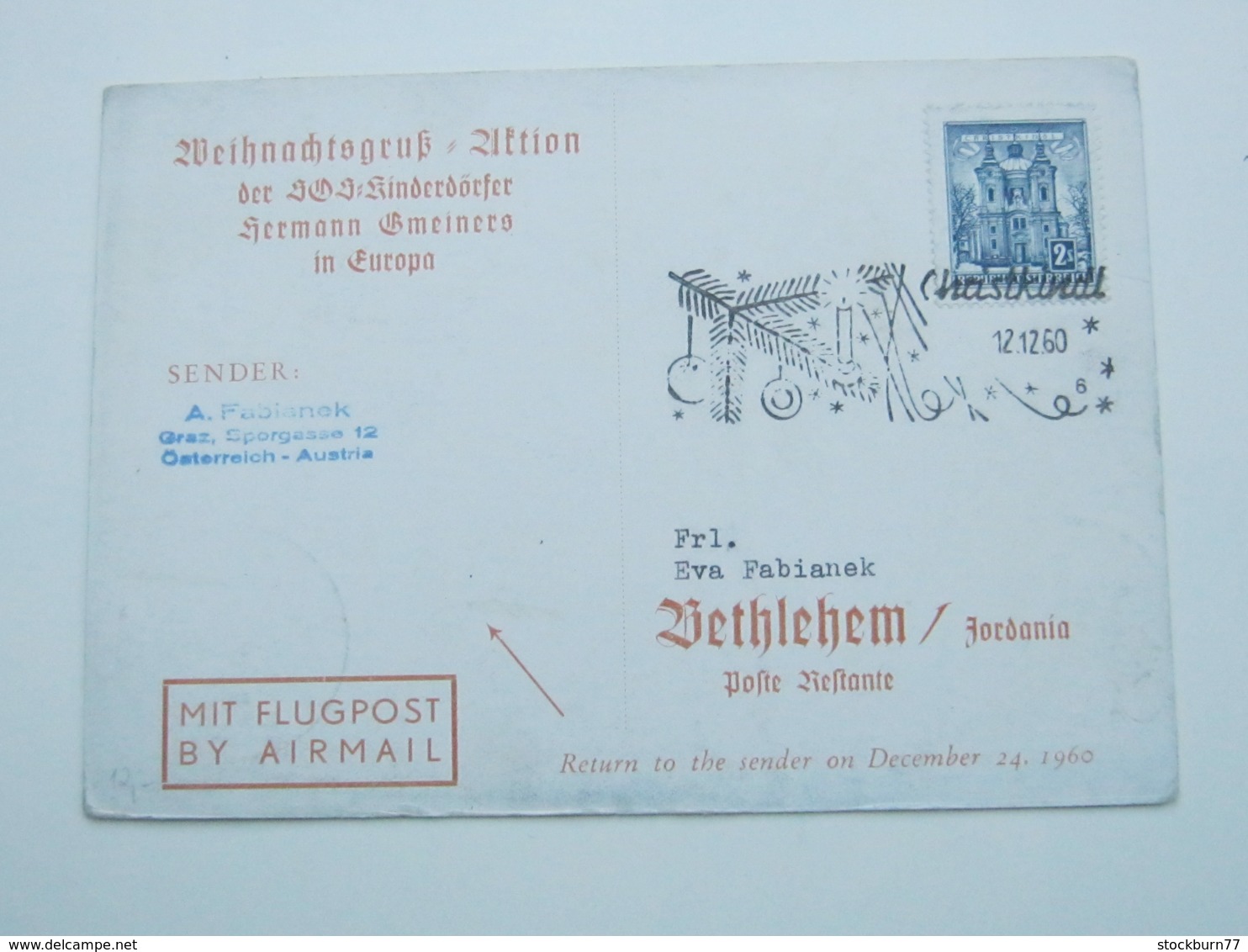1960 , CHRISTKINDL , Klarer Stempel Auf Sonderkarte Nach Jordanien , Rs. Ankunftstempel , Sehr Selten - Briefe U. Dokumente