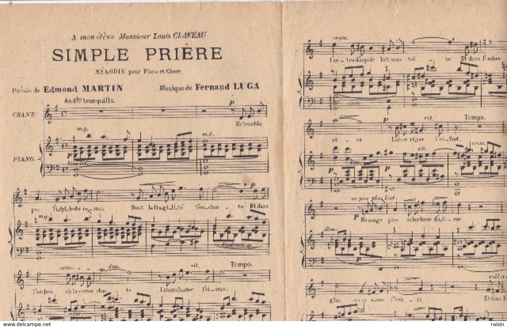 Simple Prière Mélodie Piano Et Chant Poésie Edmond Martin  Musique Fernand Luga Ed. Emulation Française BE - Partitions Musicales Anciennes