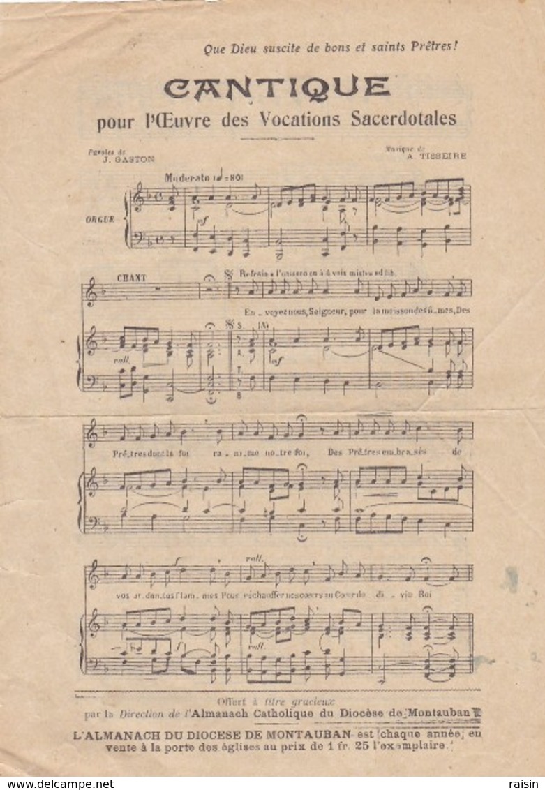 Cantique Pour L'Oeuvre Des Vocations Sacerdotales (Almanach Diocèse Montauban 1923) Paroles J.Gaston Musique A.Tisseire - Partitions Musicales Anciennes