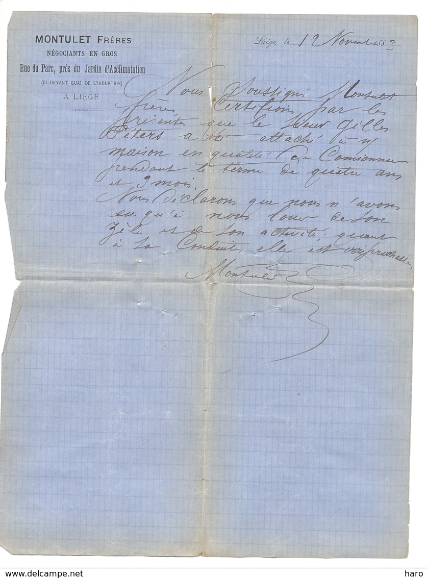 LIEGE 1883 - Lettre à Entête De : MONTULET Frères, Négociants En Gros  (b242) - 1800 – 1899