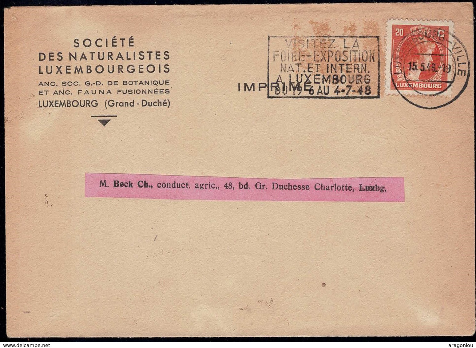 1945 Société Des Naturalistes Luxembourgeois, Michel: 349  20c - Lettres & Documents