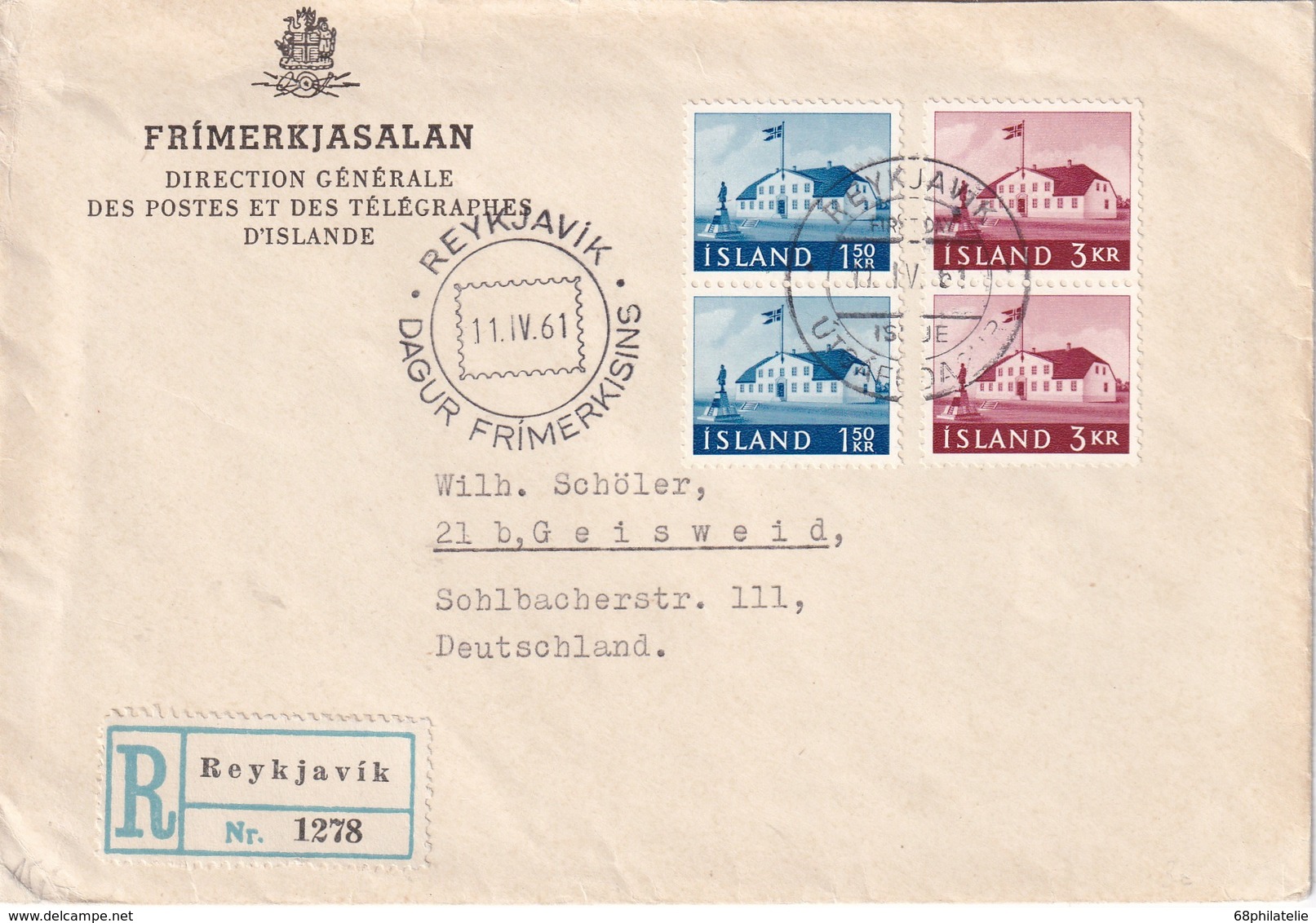 ISLANDE 1961 LETTRE RECOMMANDEE DE REYKJAVIK - Lettres & Documents