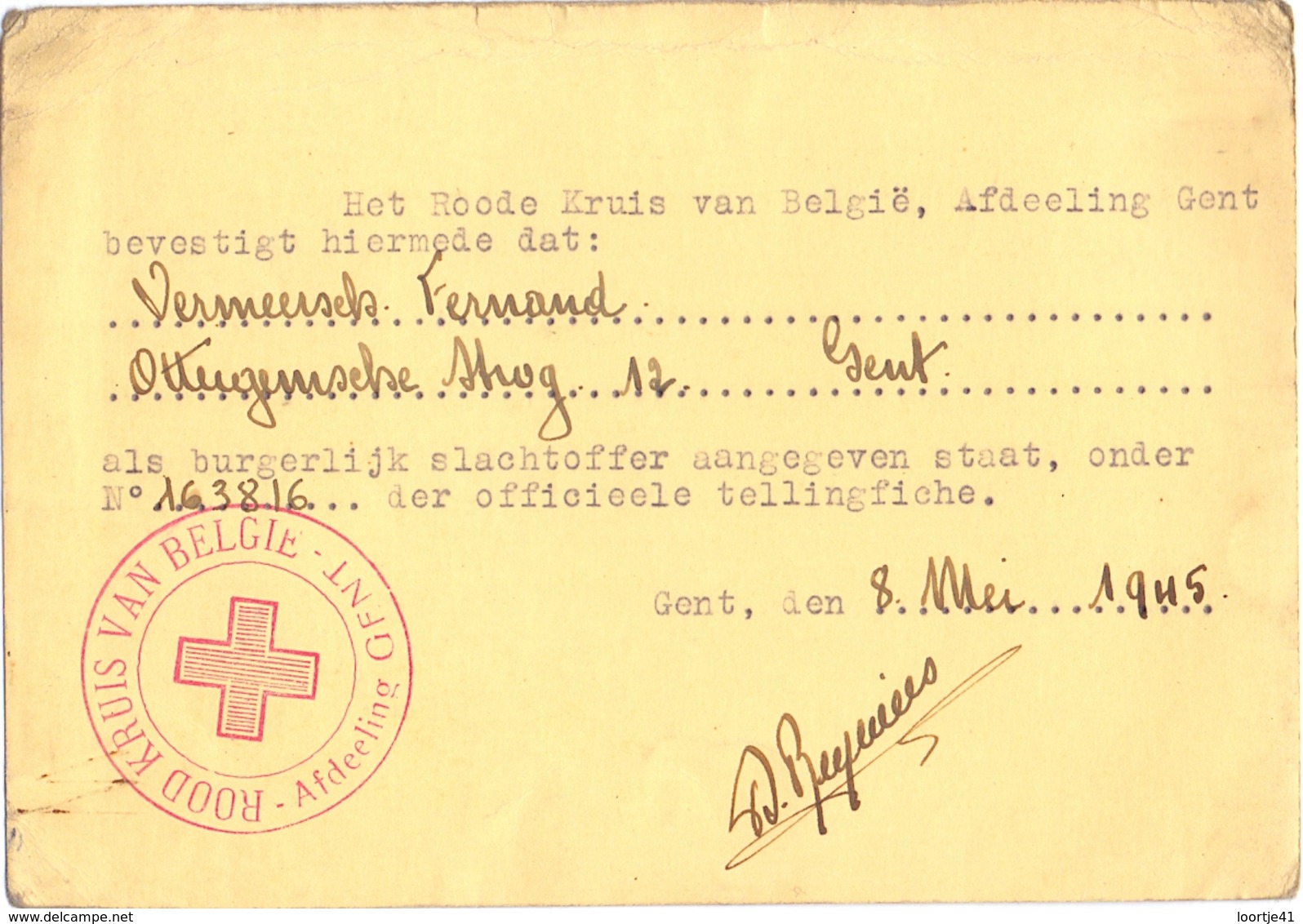 Kaart Rood Kruis - Gent - Erkenning Burgerlijk Oorlogsslachtoffer Vermeersch Fernand - 1945 - Documenten