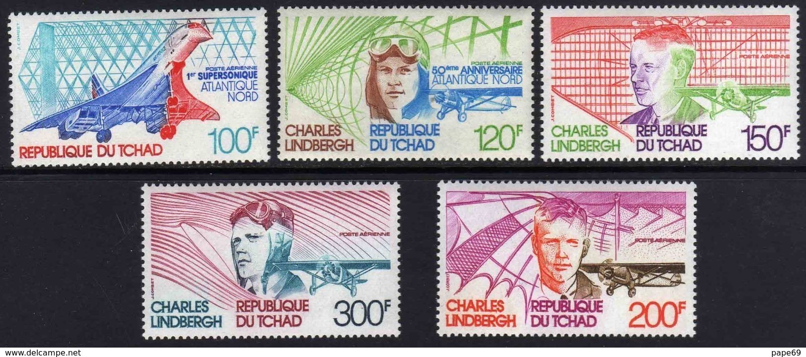 Tchad PA N° 200 / 04 XX Atlantique Nord, 50ème Anni. De La Traversée Par C. Lindberg, Les 5 Valeurs Sans Charnière, T.B - Tchad (1960-...)