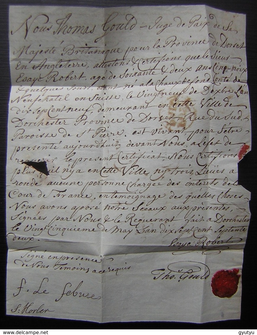 1772 Dorchester Letter From Thomas Gould, "Juge De Paix" In French To Henry Scherer In France (Lyon) About Esayé Robert - ...-1840 Préphilatélie