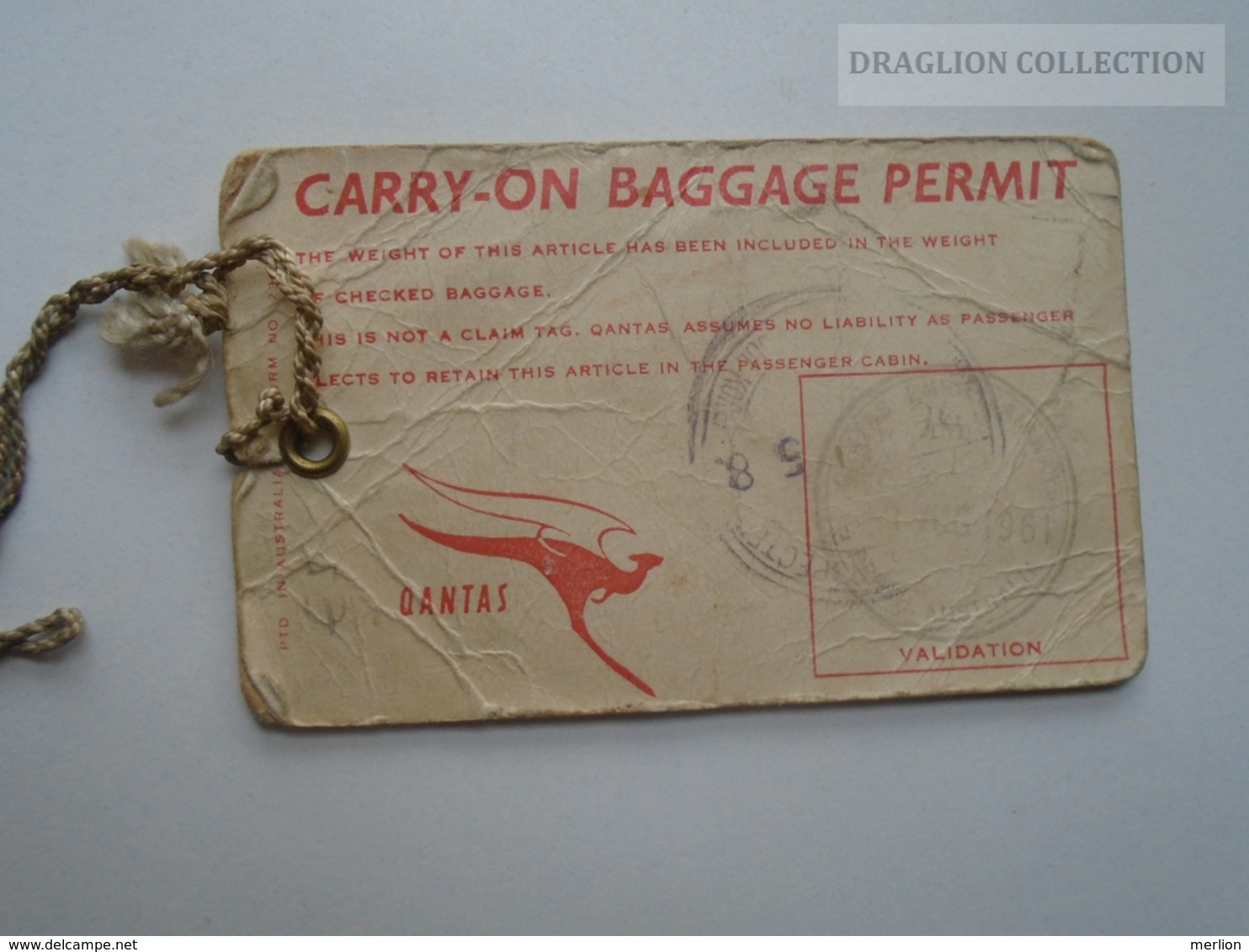 ZA139.7  QANTAS -Australia - Carry-on Baggage Permit - 1961 -to Johannesburg - Etichette Da Viaggio E Targhette