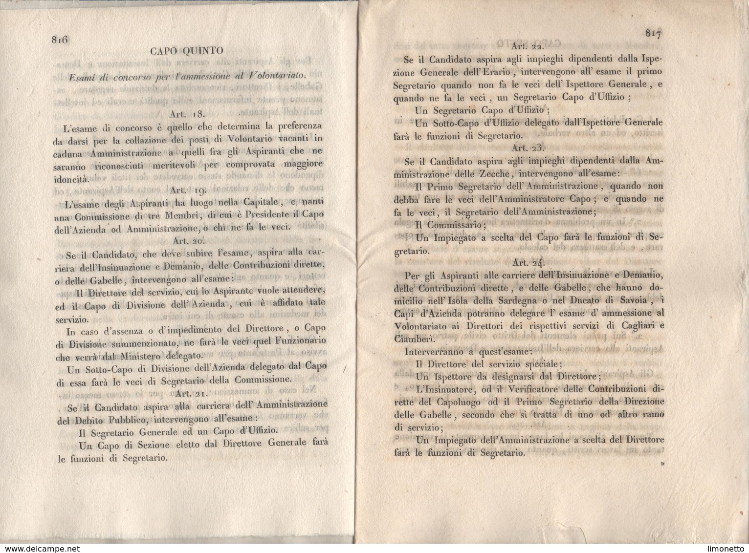 ITALIE-Circulaire De Vittorio Emanuele II  Du 28 10 1852-pour L'admission Des éléves Au Ministère Des Finances -20 Pages - Décrets & Lois