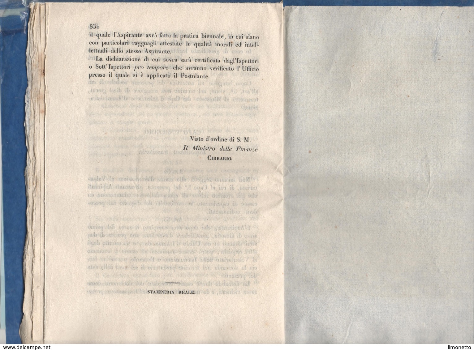 ITALIE-Circulaire De Vittorio Emanuele II  Du 28 10 1852-pour L'admission Des éléves Au Ministère Des Finances -20 Pages - Décrets & Lois