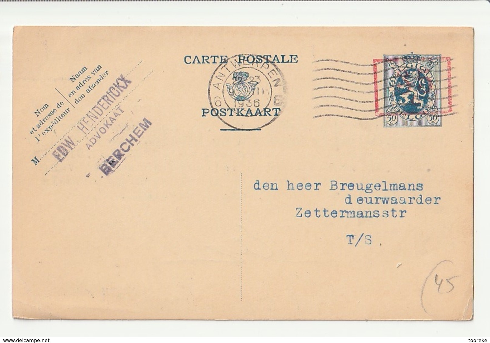 Pws106 35c Op 50c Antwerpen 6 - Cartes Postales 1934-1951