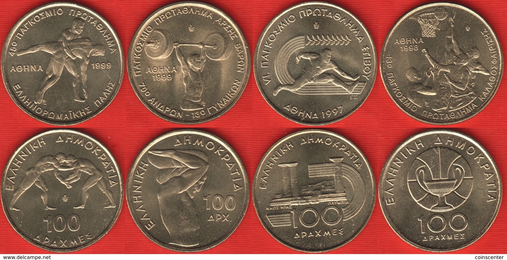 Greece Set Of 4 Coins: 100 Drachmes 1997-1999 "Sport" UNC - Grèce