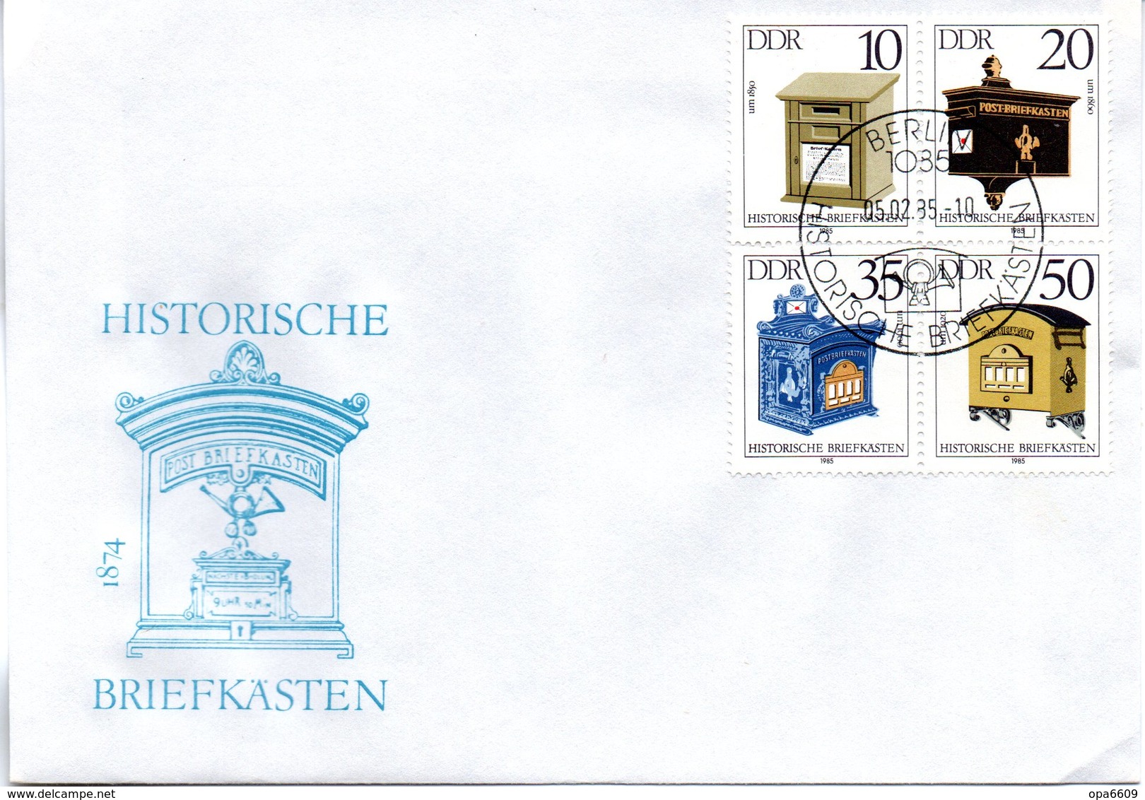 DDR Schmuck-FDC Mi 2924/27 (Viererblock) "Historische Briefkästen", ESSt BERLIN, 5.2.1985 - Autres & Non Classés