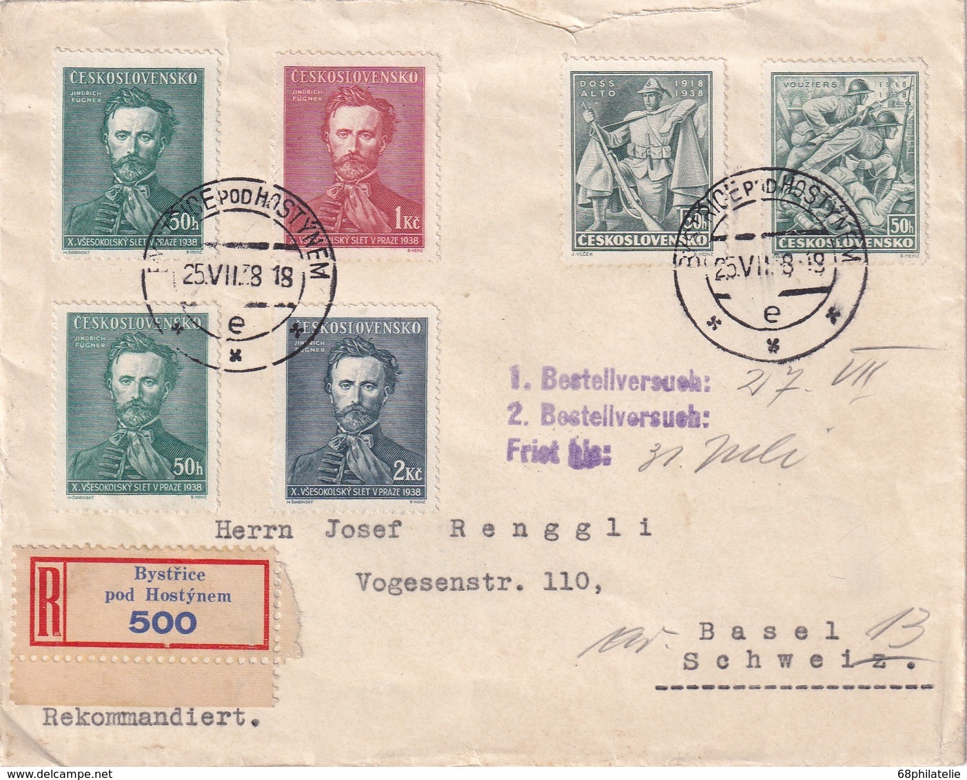 TCHECOSLOVAQUIE  1938 LETTRE RECOMMANDE DE BYSTRICE POD HOSTYNEM AVEC CACHET ARRIVEE BALE - Lettres & Documents