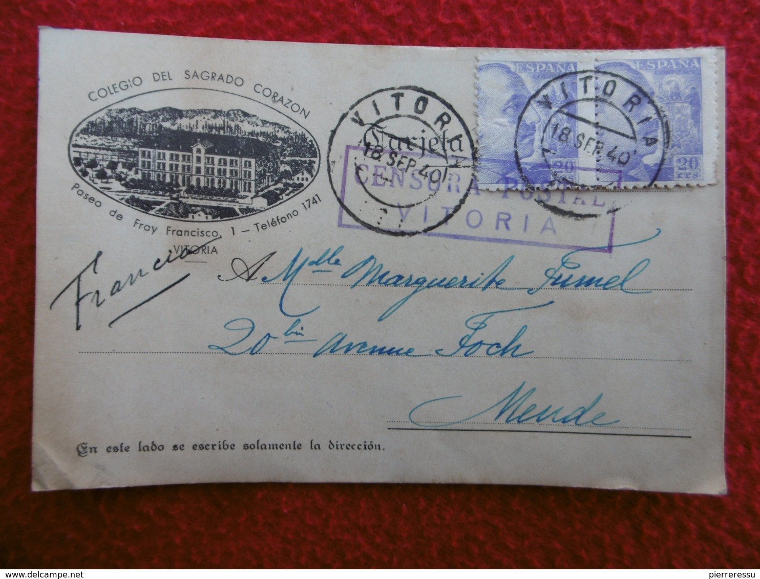 CENSURA POSTAL VITORIA CENSURE GUERRE ESPAGNE 1940 TIMBRE FRANCO - Lettres & Documents
