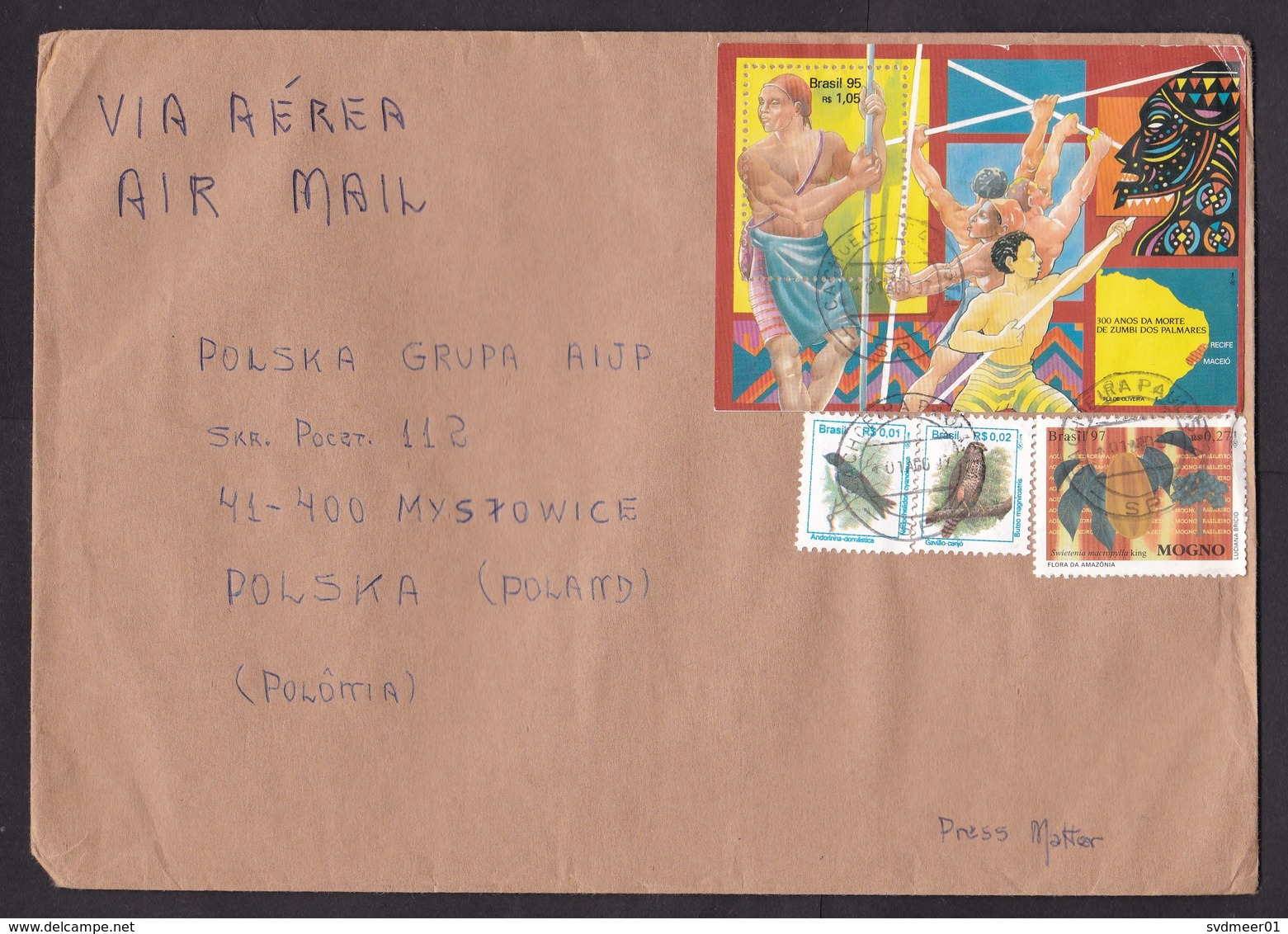 Brazil: Airmail Cover To Poland, 1997, 4 Stamps, Souvenir Sheet, War, Battle, History, Fruit, Bird (minor Damage) - Brieven En Documenten