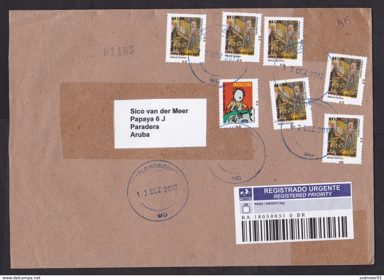 Brazil: Registered Cover To Aruba, 2012, 7 Stamps, Piano, Music, Manicure, Transit Via Trinidad, R-label (traces Of Use) - Covers & Documents