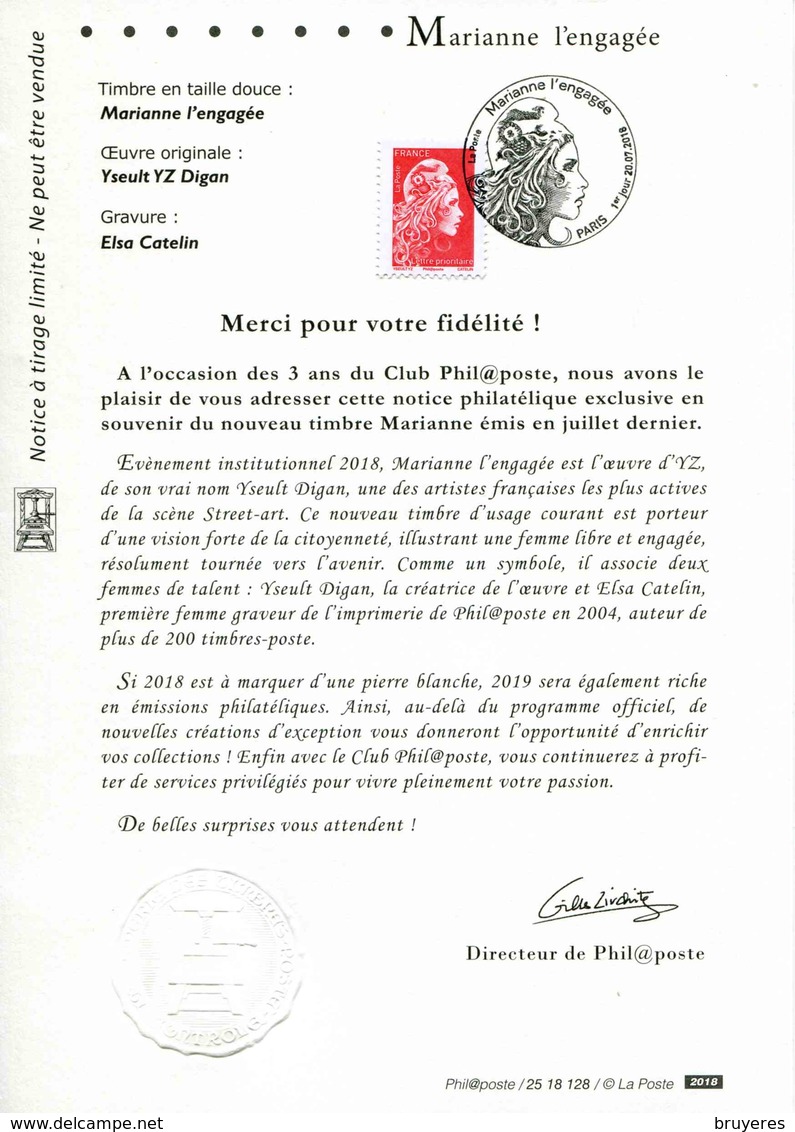 NOTICE PHILATELIQUE EXCLUSIVE "MARIANNE L'ENGAGEE" Son PAP "Club Phil@poste" - Documents De La Poste