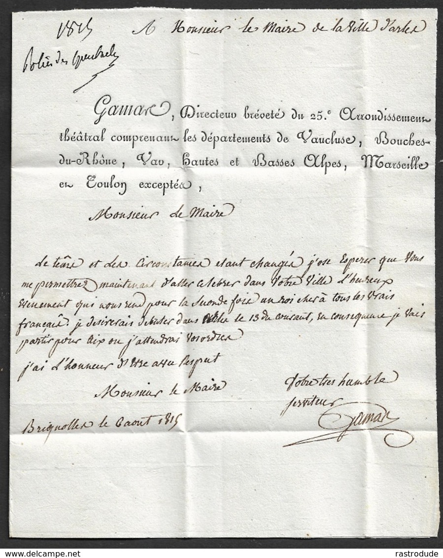 1819 LAC P78P Brignolles En Rouge VAR(78)  Pour ARLES - Arrondissement Theatral - Directeur Gamar - 1801-1848: Precursors XIX