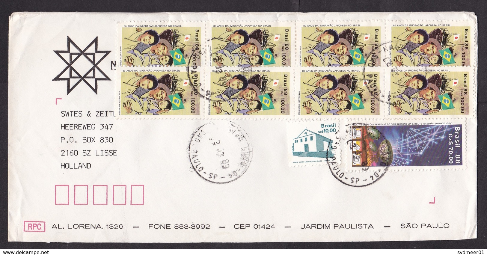 Brazil: Cover To Netherlands, 1989, 10 Stamps, Immigration Japan, Space, Satellite, Telecom, Computer (minor Creases) - Brieven En Documenten