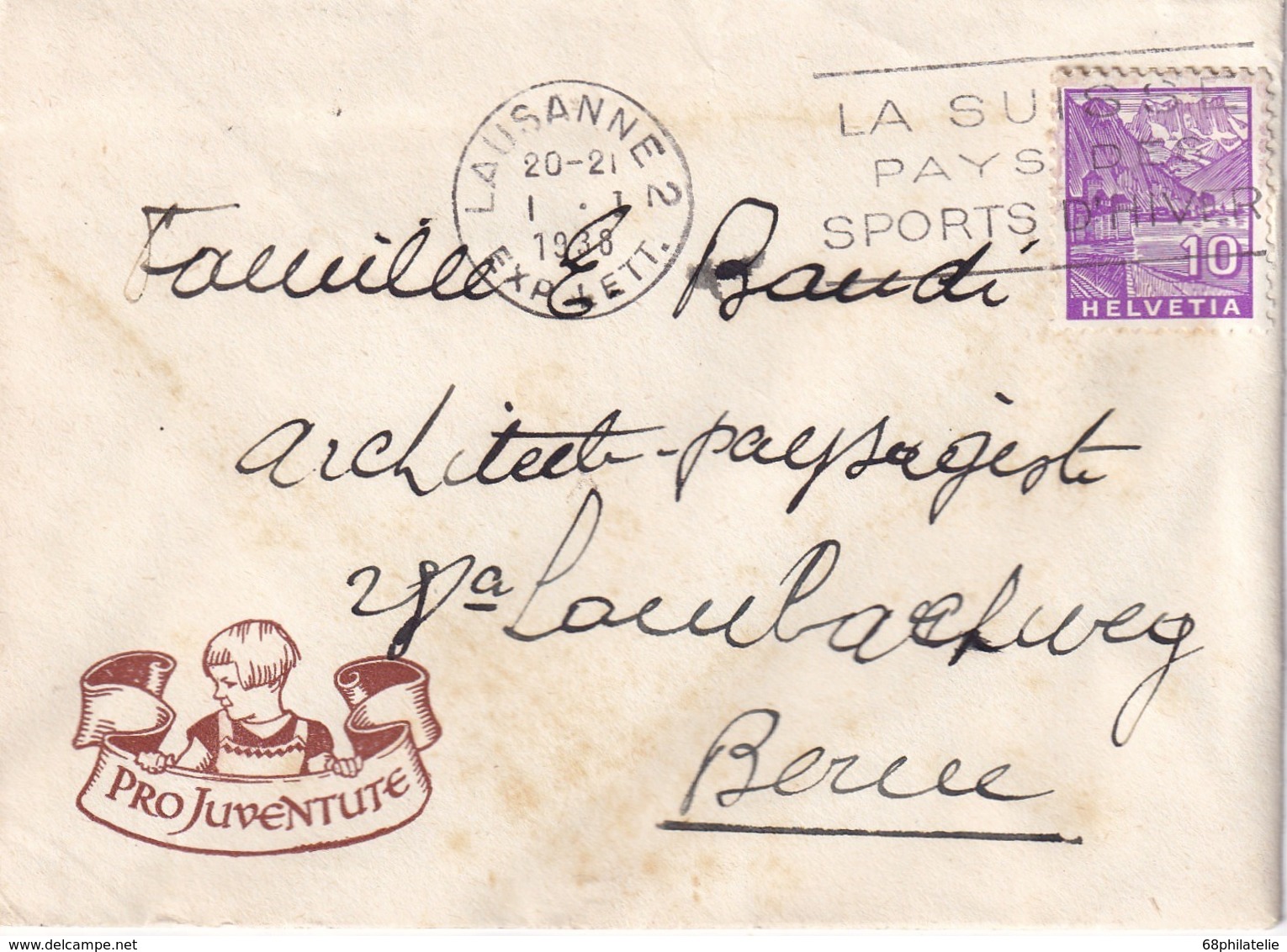 SUISSE 1938 LETTRE PRO JUVENTUTE DE LAUSANNE - Lettres & Documents