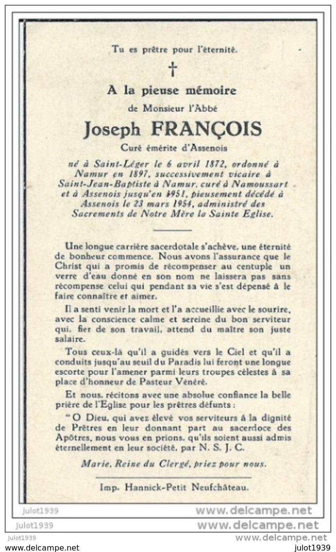 ASSENOIS ..-- LEGLISE ..-- Joseph FRANCOIS , Curé émérite D' ASSENOIS , Né à SAINT - LEGER En 1872 , Décédé En 1951 . - Léglise