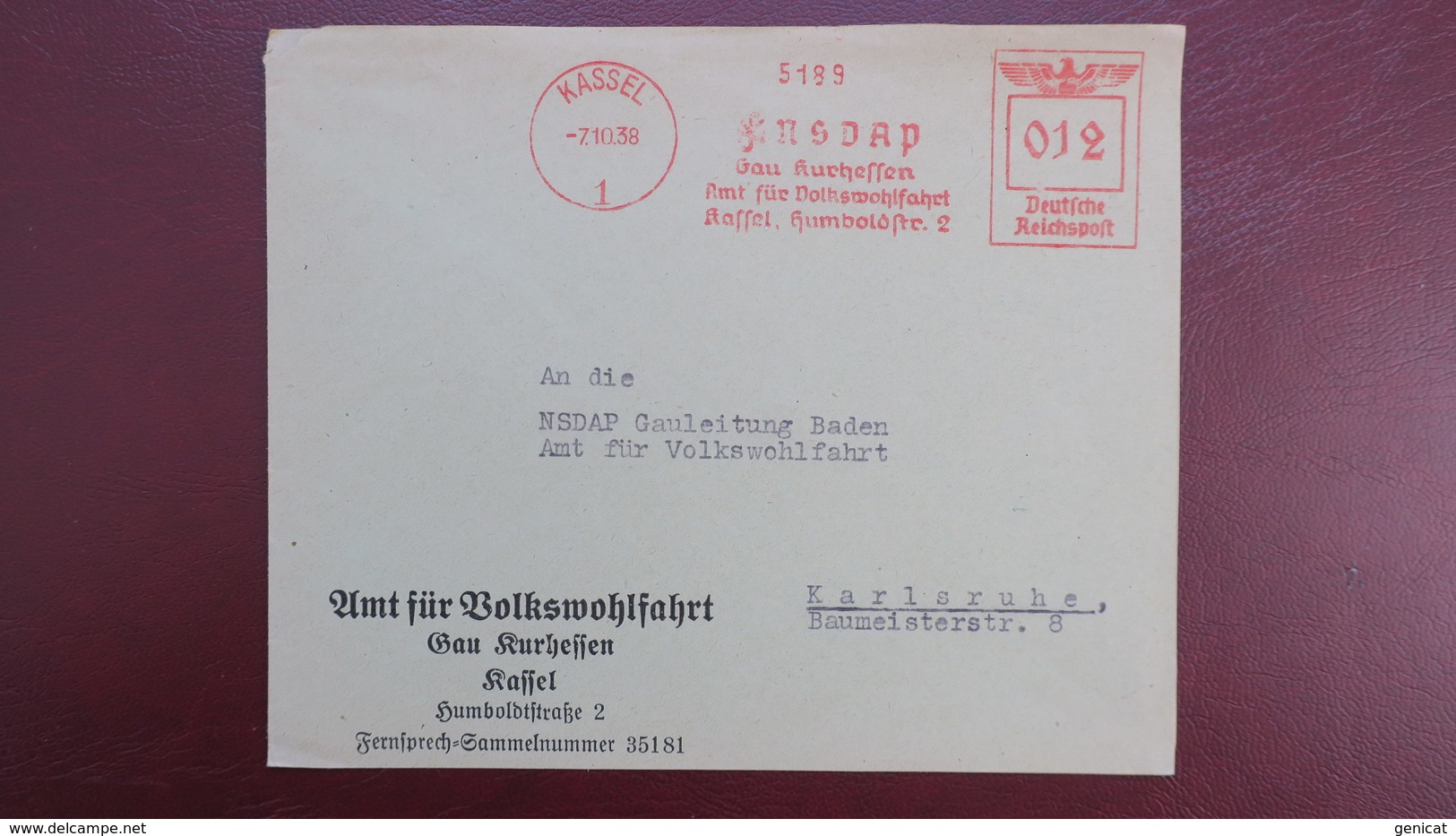 Lettre Empreinte Mécanique Rouge NSDAP ( National Socialisme ) De Kassel 1938 Pour Karlsruhe - Lettres & Documents