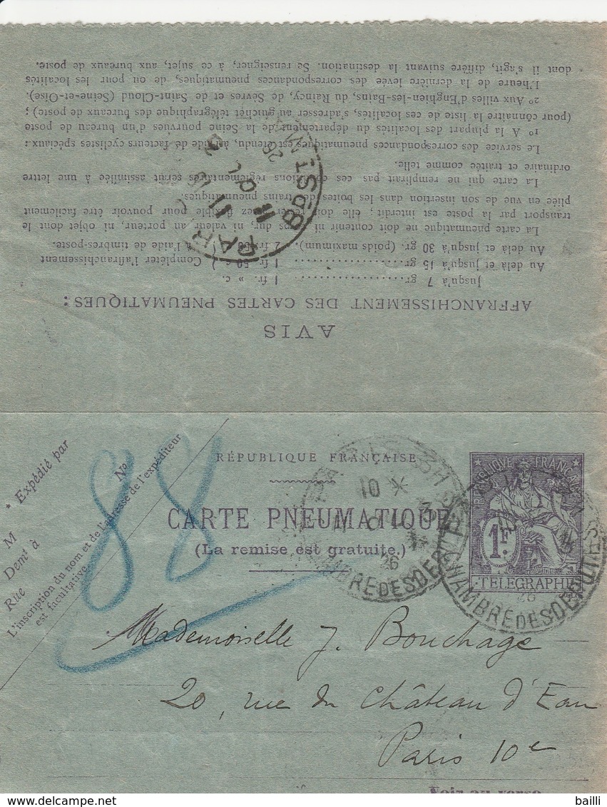 France Entier Postal Carte Pneumatique 1F Noir 1926 - Neumáticos