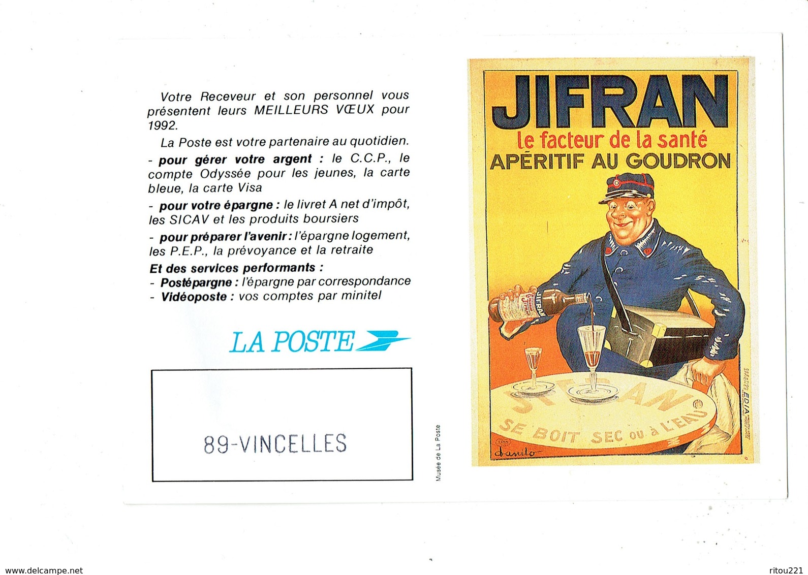 Petit Calendrier 1992 Publicité La Poste JIFRAN Facteur De La Santé Apéritif Au Goudron BOUTEILLE ALCOOL Dessin Danilo - Petit Format : 1991-00