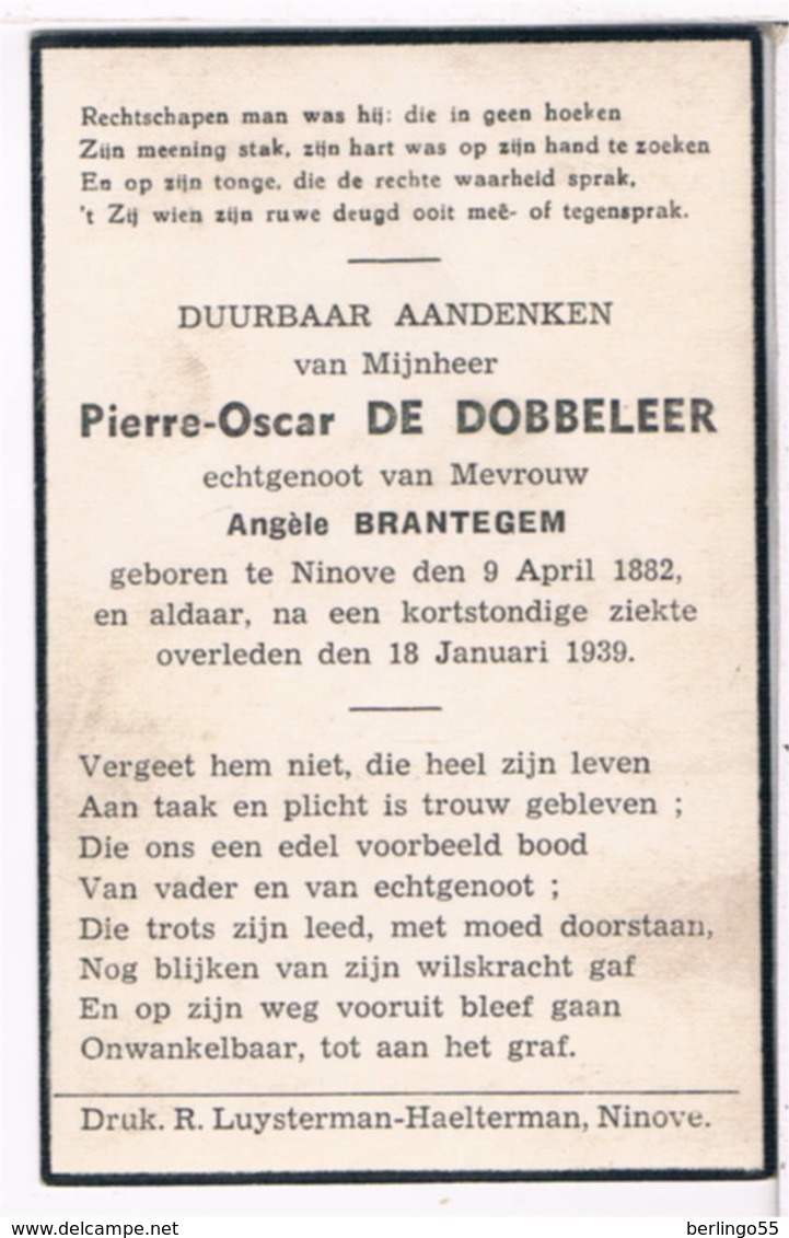 Dp. De Dobbeleer Pierre. Echtg. Brantegem Angèle. ° Ninove 1882 † Ninove 1939  (2 Scan's) - Religión & Esoterismo