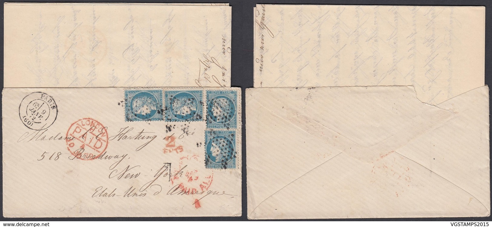 France 1872 Yv 60 X4 Sur Lettre De Paris  Vers New York (4G31246) DC-1116 - 1871-1875 Cérès