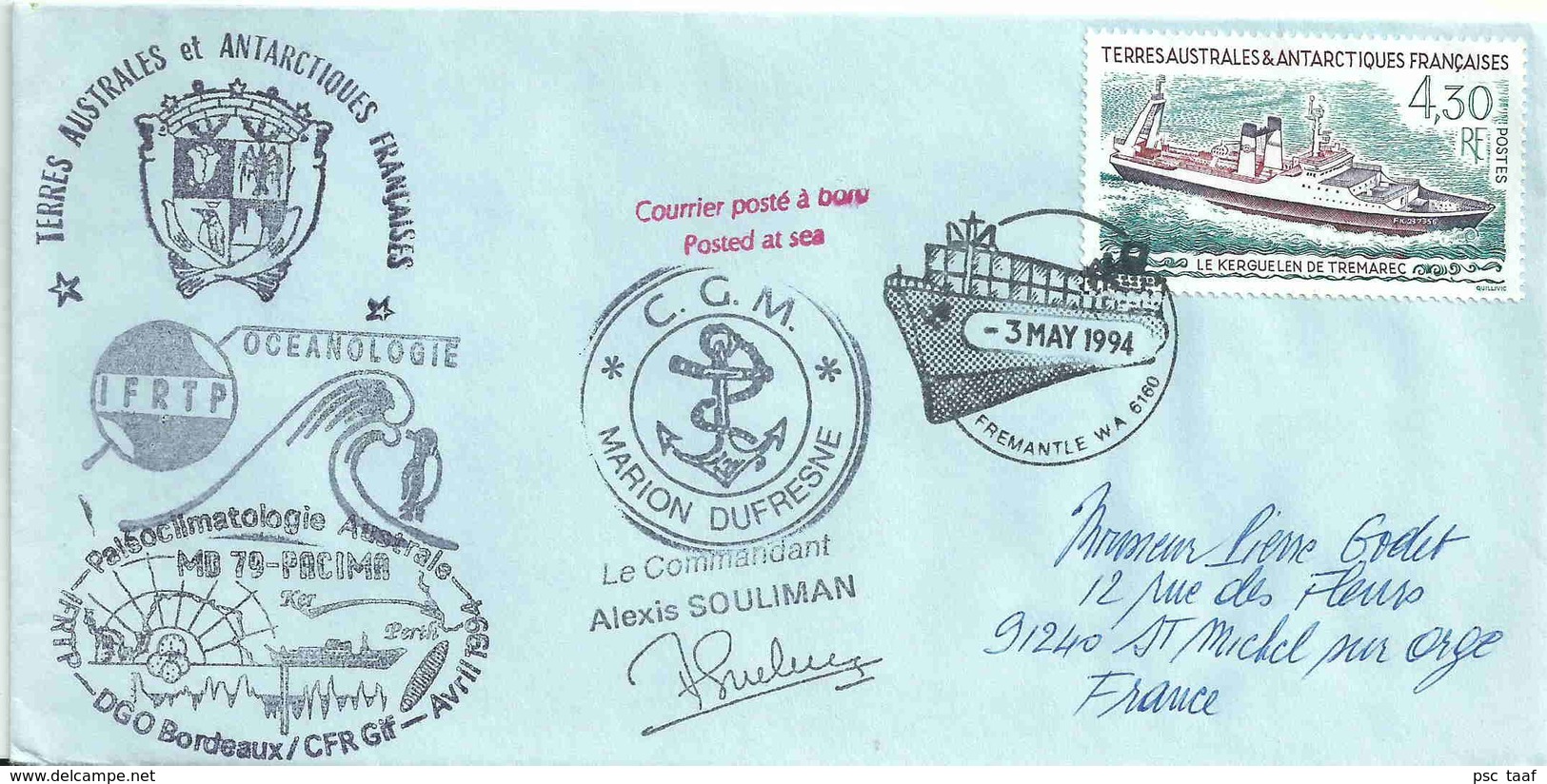 YT 191- Bateau Usine Le Kerguelen De Tremarec - Pêche - Escale Du Marion Dufresne à Fremantle - Australie - Lettres & Documents