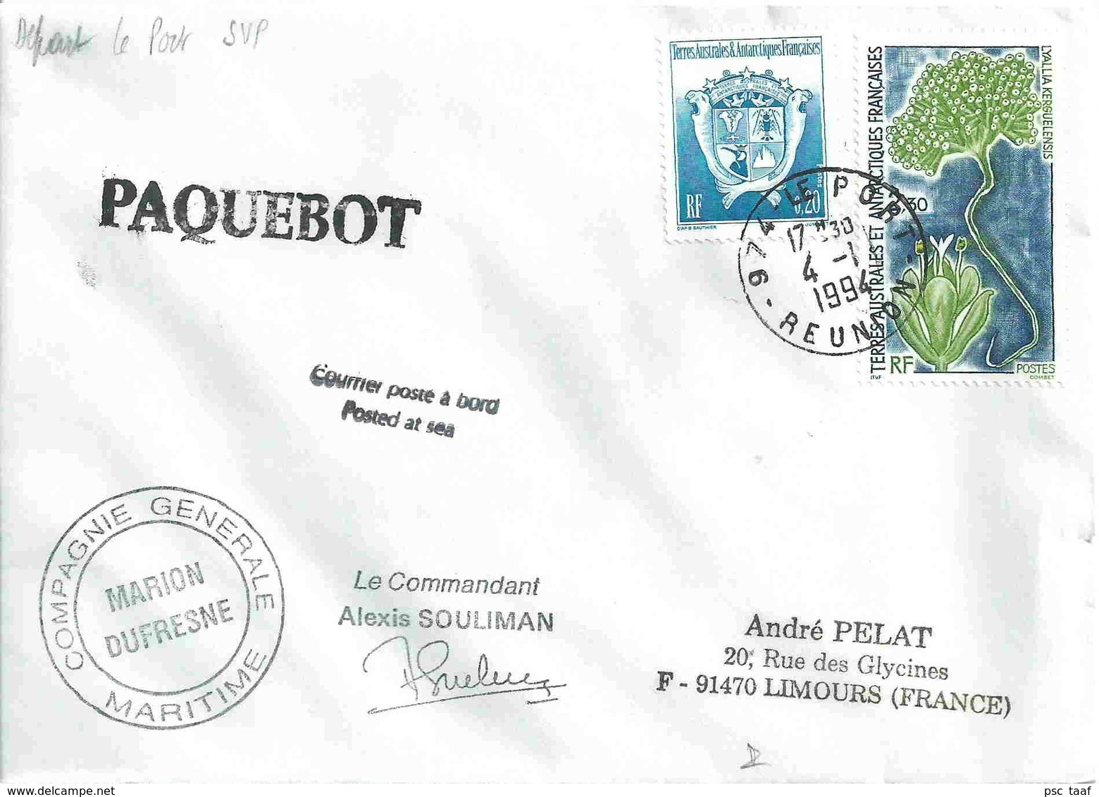 YT 171 - Armoiries - YT 175 - Lyallia Kerguelenis - Plante Australe - Posté à Bord Du Marion Dufresne à La Réunion - Lettres & Documents