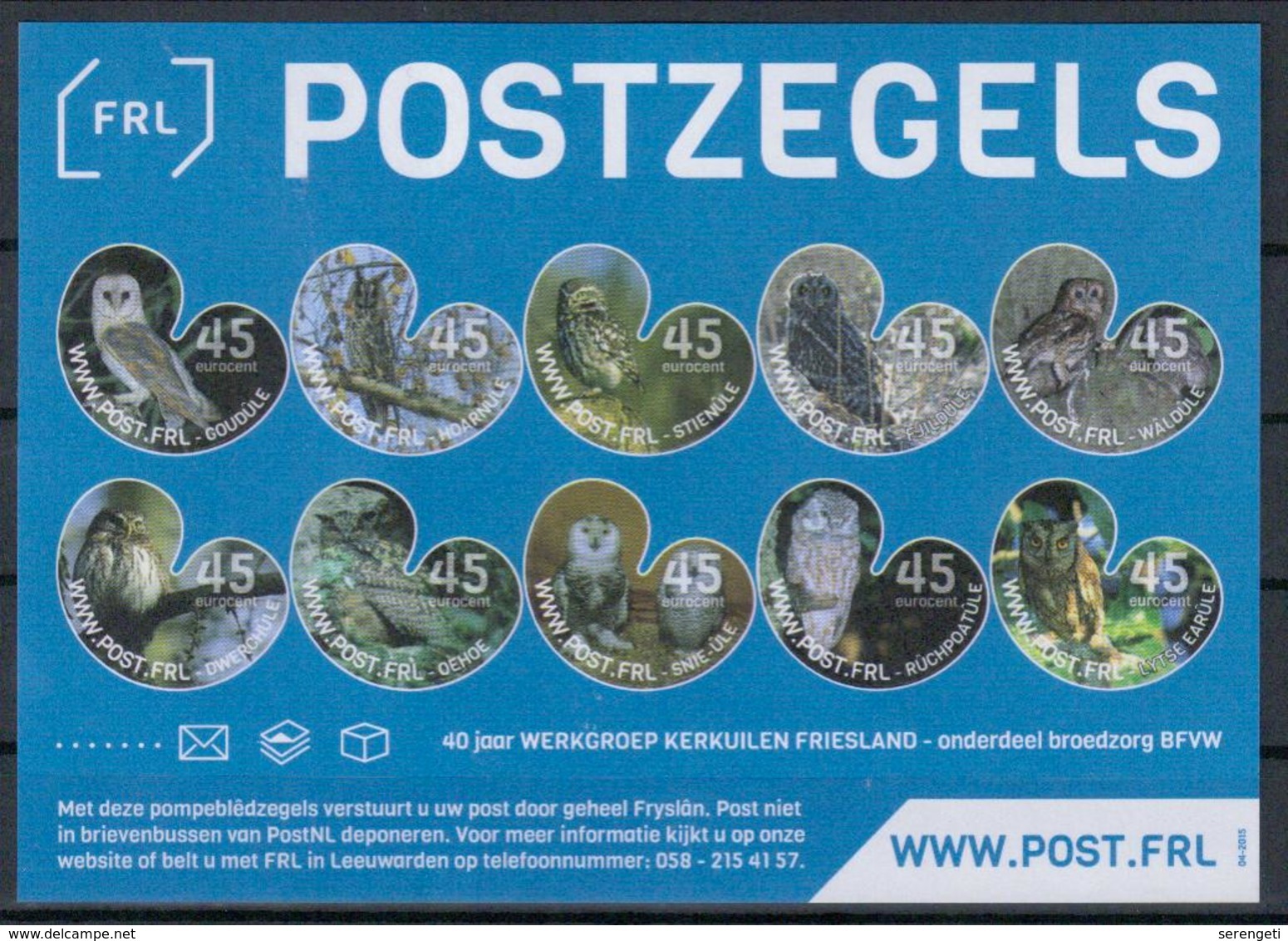 Niederlande FRL '40 J. Eulenschutz Friesland' / Netherlands '40th Ann. Of Frisian Owl Protection Society' **/MNH 2015 - Eulenvögel