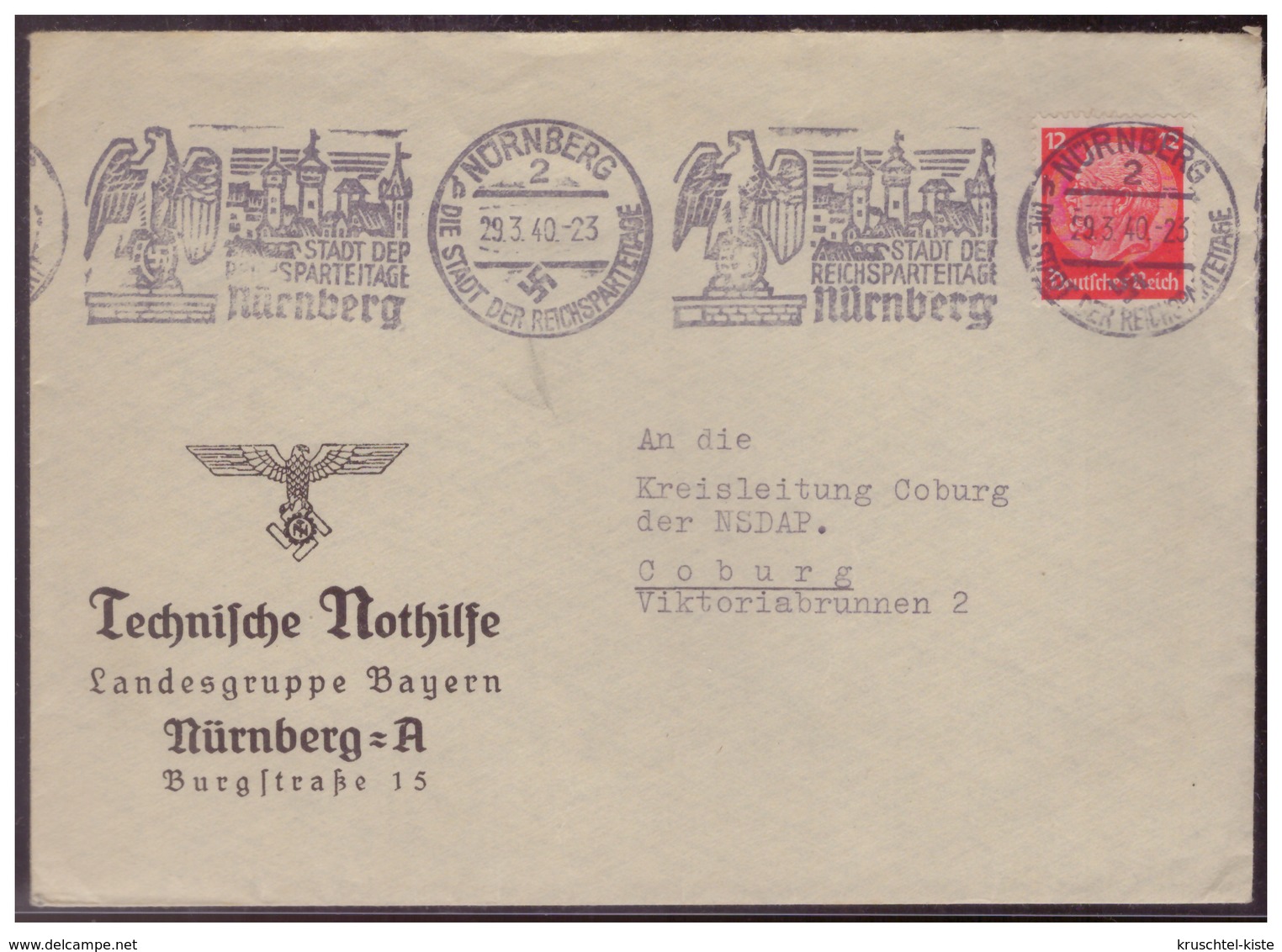 Dt-Reich (007193) Propagandabrief Technische Nothilfe Nürnberg An Kreisleitung NSDAP Coburg, Gel. Am 29.3.1940 Nürnberg - Briefe U. Dokumente