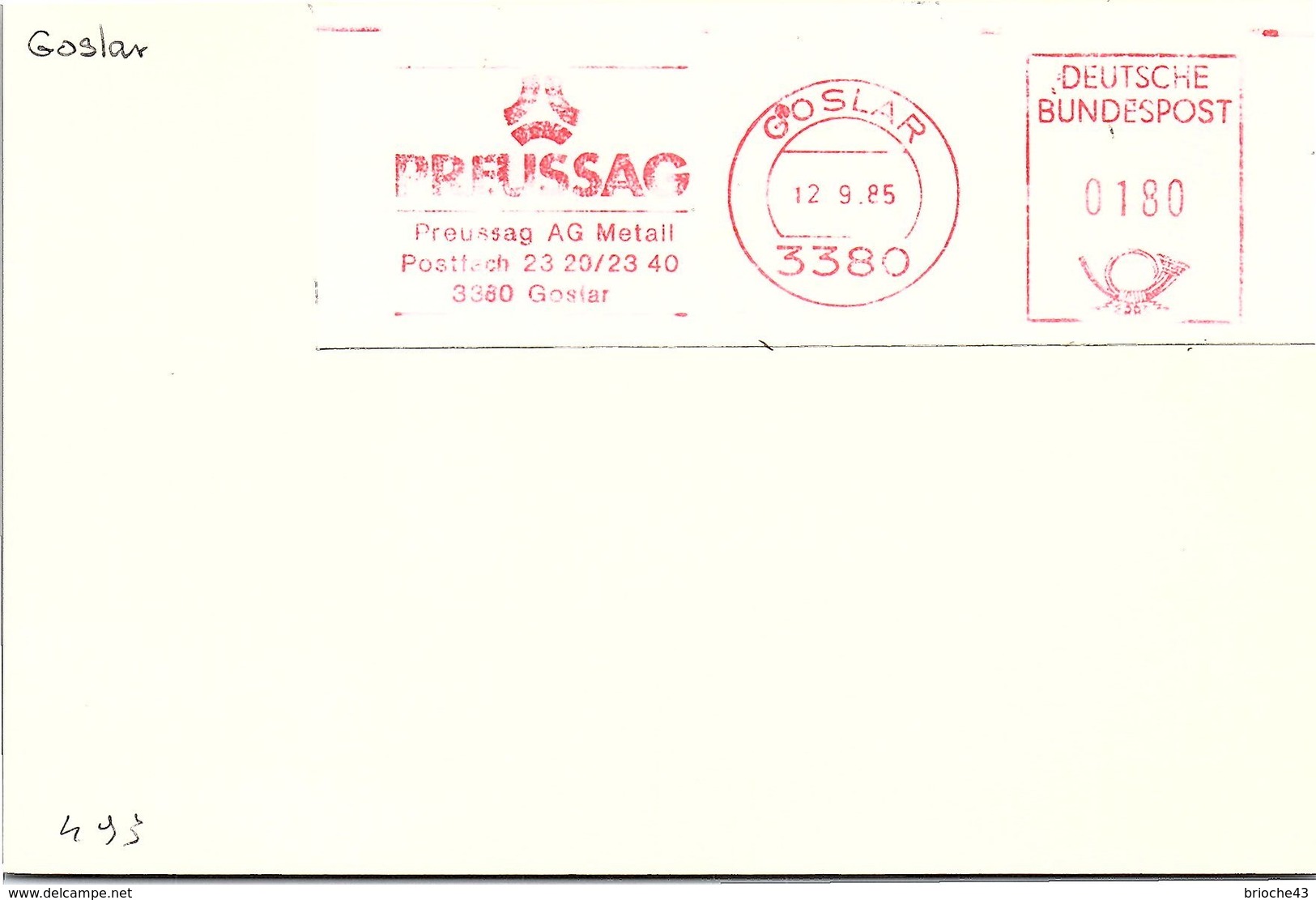 ALLEMAGNE - EMA PREUSSAG - GOSLAR 12.9.85  / 1 - Cartas & Documentos