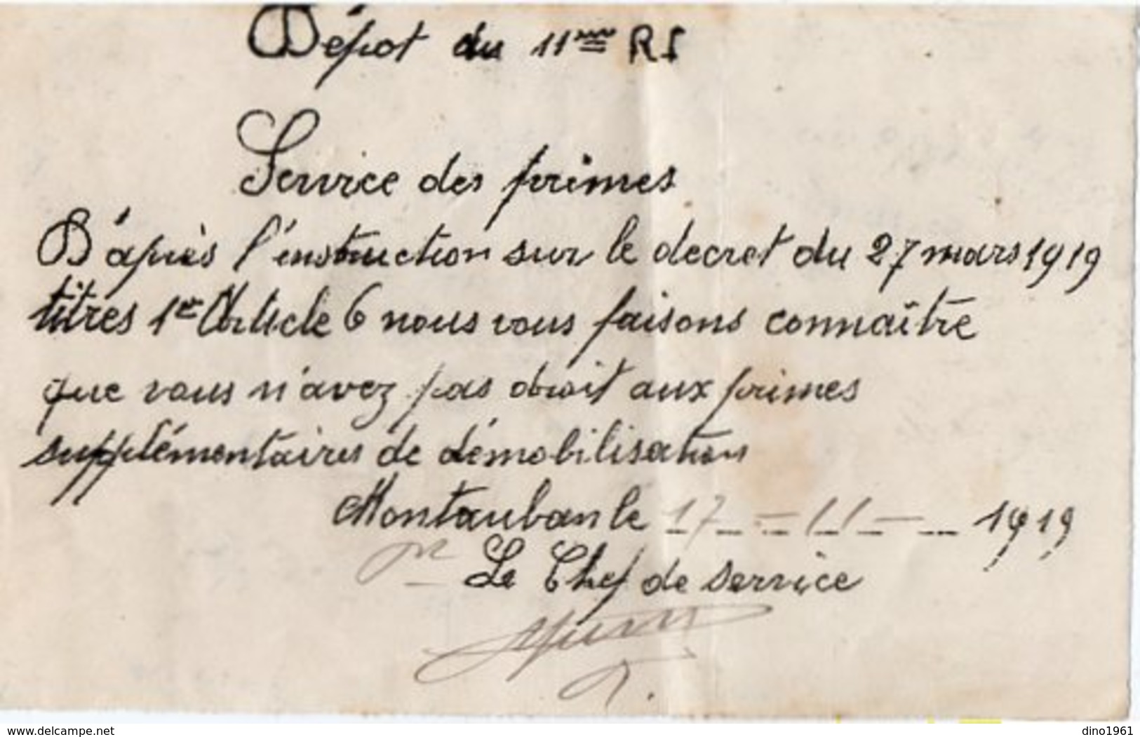 VP13.634 - MILITARIA -  MONTAUBAN 1919 - Document Du Dépot Du 11 ème Rgt D'Infanterie - Documents