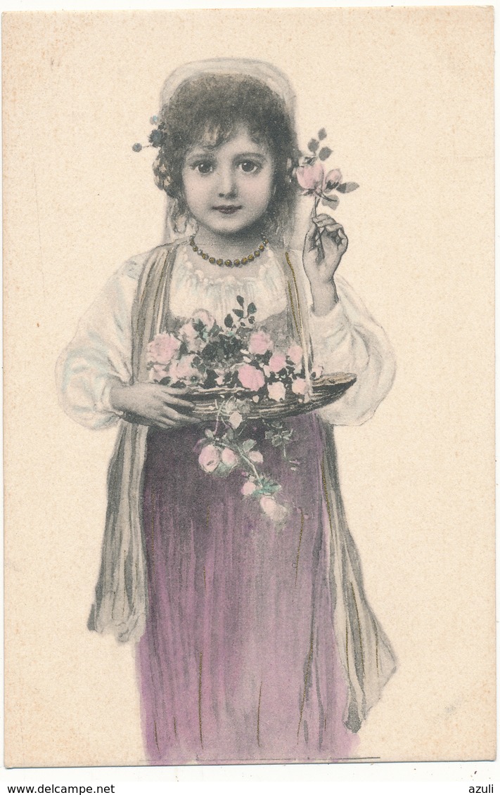 M. M. VIENNE ?, N° 1012 - Petite Fille Au Plateau, Fleurs, Jupon Violine - Vienne