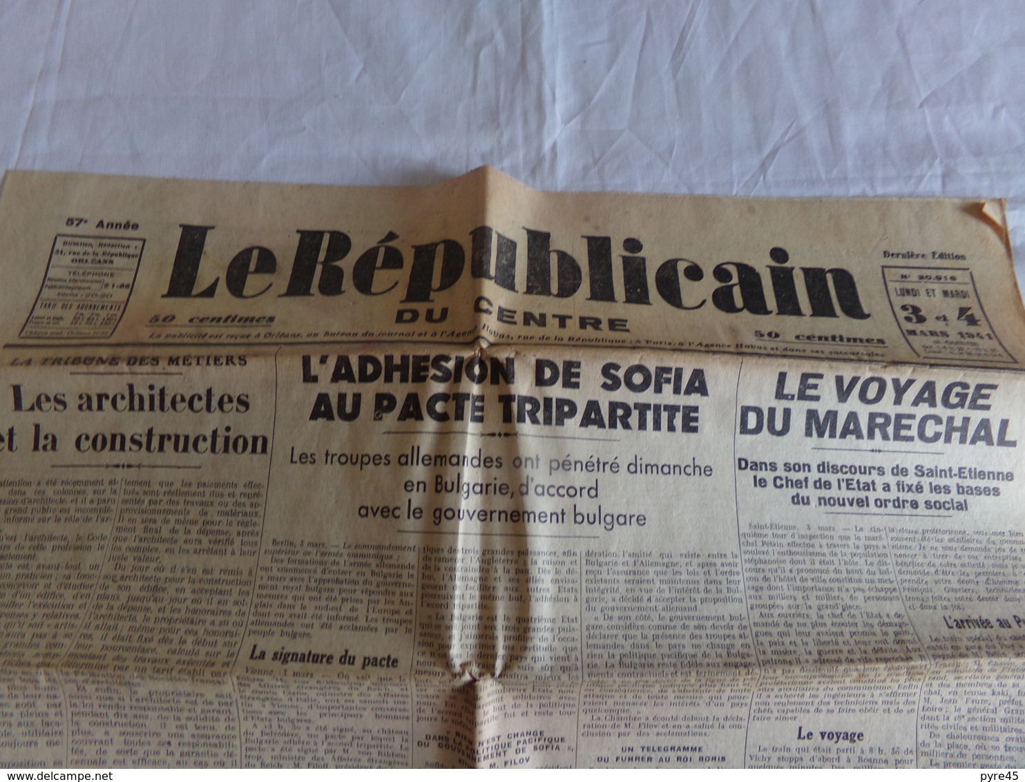 Journal " Le Républicain Du Centre " Du 3 Et 4 Mars 1941, " Le Voyage Du Maréchal " - Autres & Non Classés