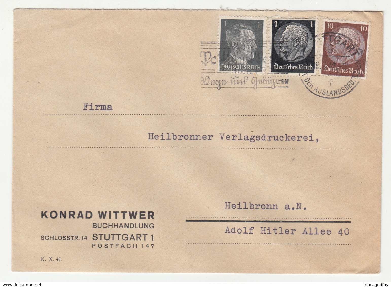 Konrad Wittwer Buchhandlung Stuttgart Company Letter Cover Travelled 1942 B181215 - Briefe U. Dokumente