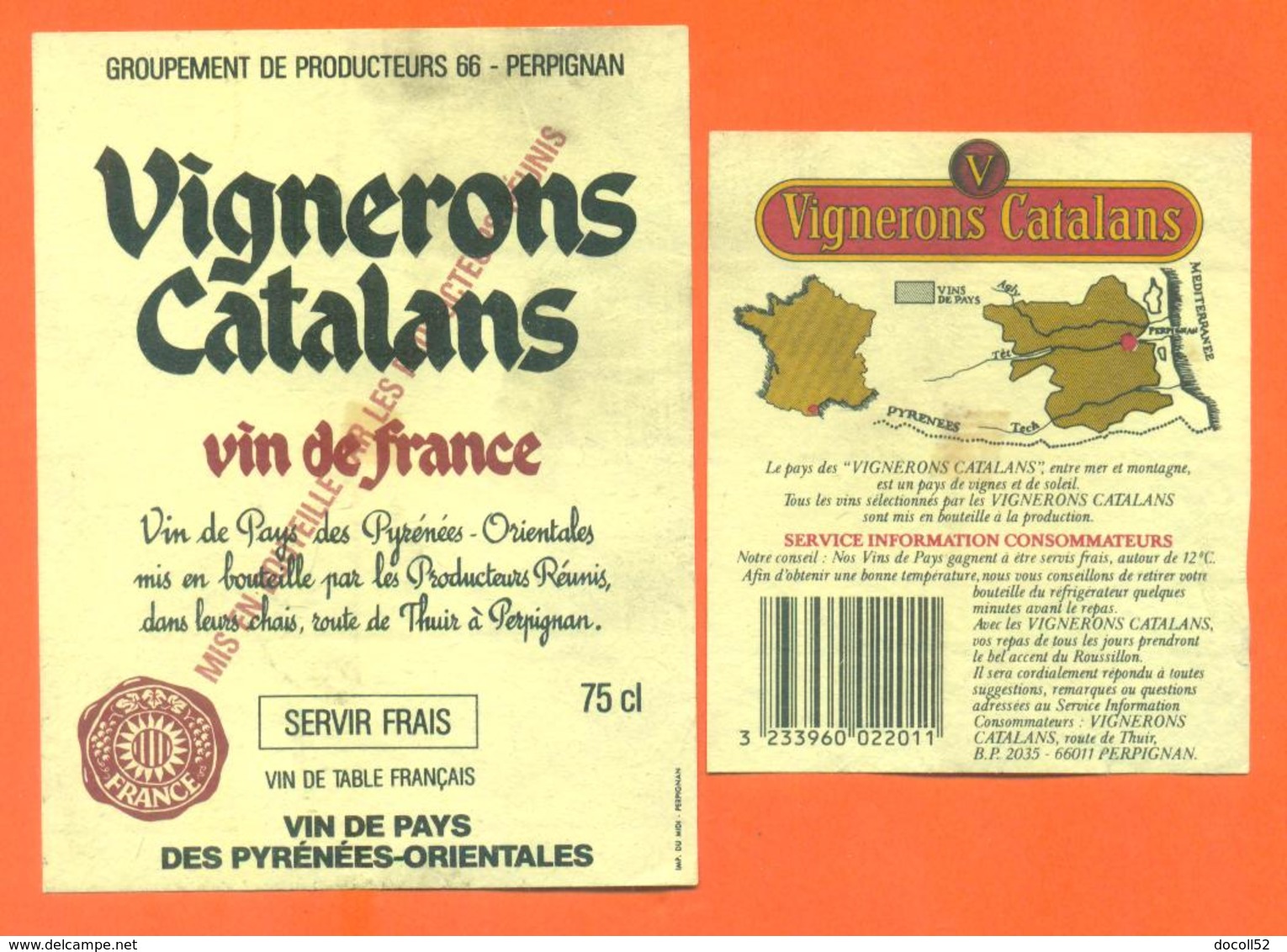 étiquette + Etiq De Dos Ancienne De Vin Vignerons Catalans Producteurs à Perpignan - 75 Cl - Militaria